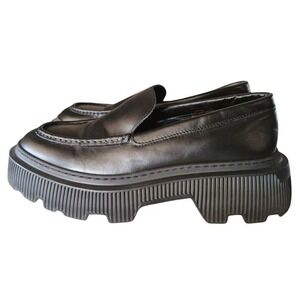LÄST Black Leather Platform Loafers Chunky‎ Lug Sole Slip On Shoes Size 38